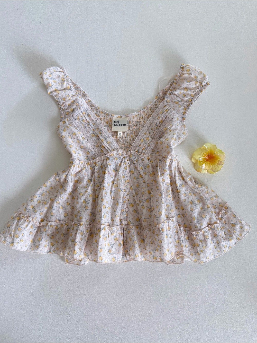 Self Esteem Floral Ruffle Peplum Top - White with Yellow Flowers